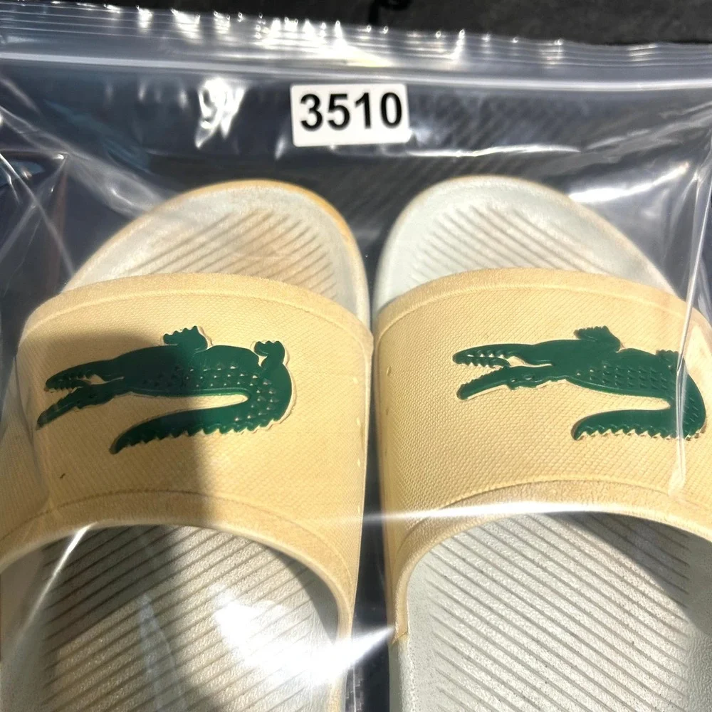 Lacoste Slide Sandals Men 10 Cream Grey Croc Logo Sporty Casual Summer Shoes VTG